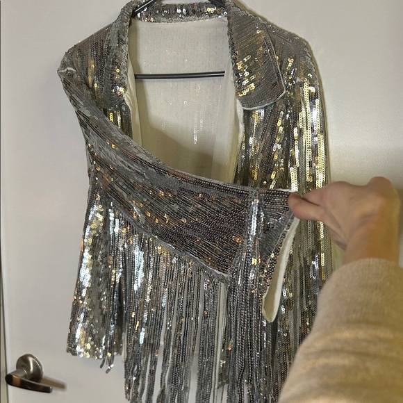 Silver Sequin Fringe Jacket – Cropped Disco / Festival Statement Piece - Picture 2 of 12